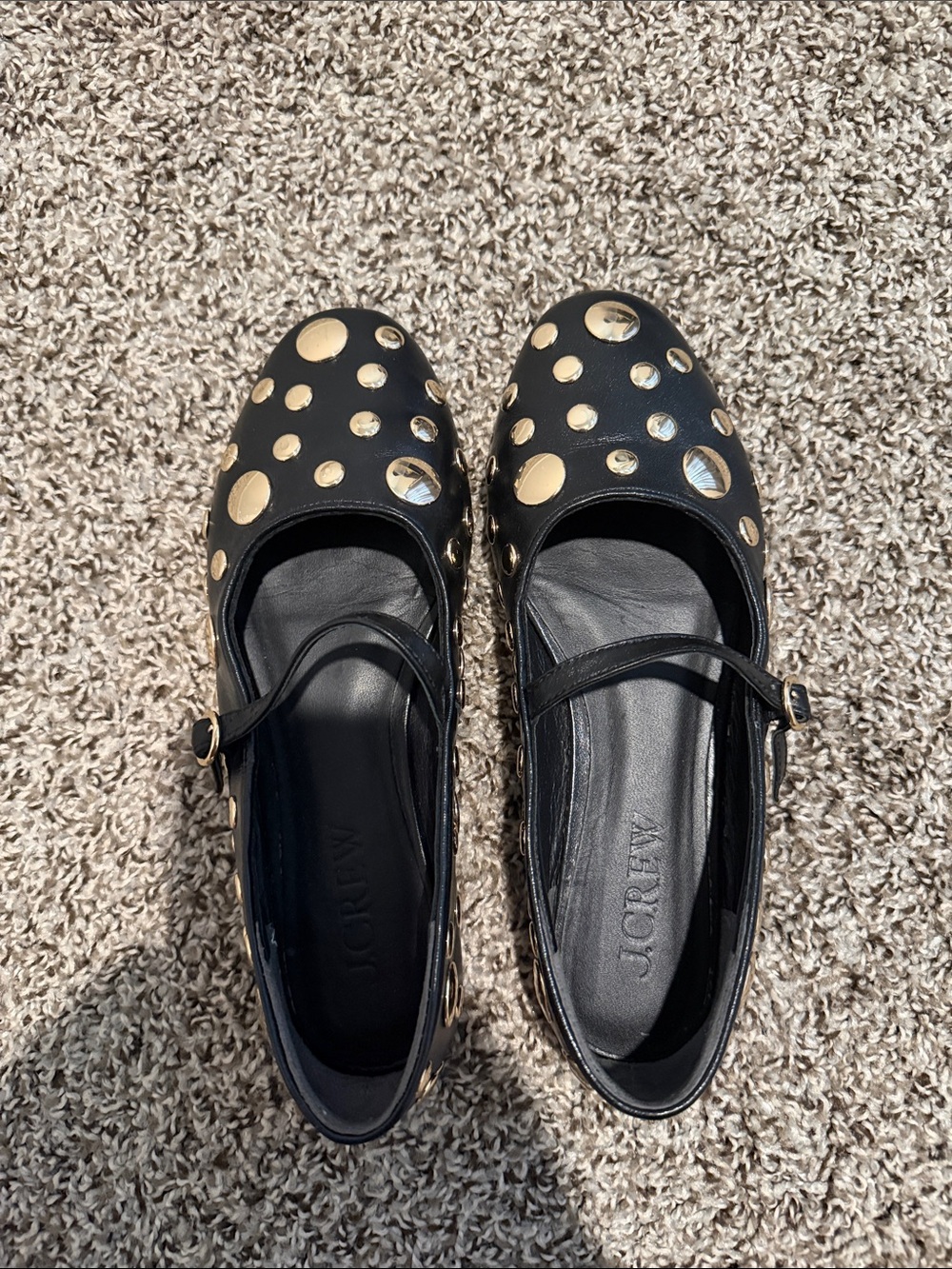 J. Crew Black Leather Mary Jane Flats with Gold Disc Accents